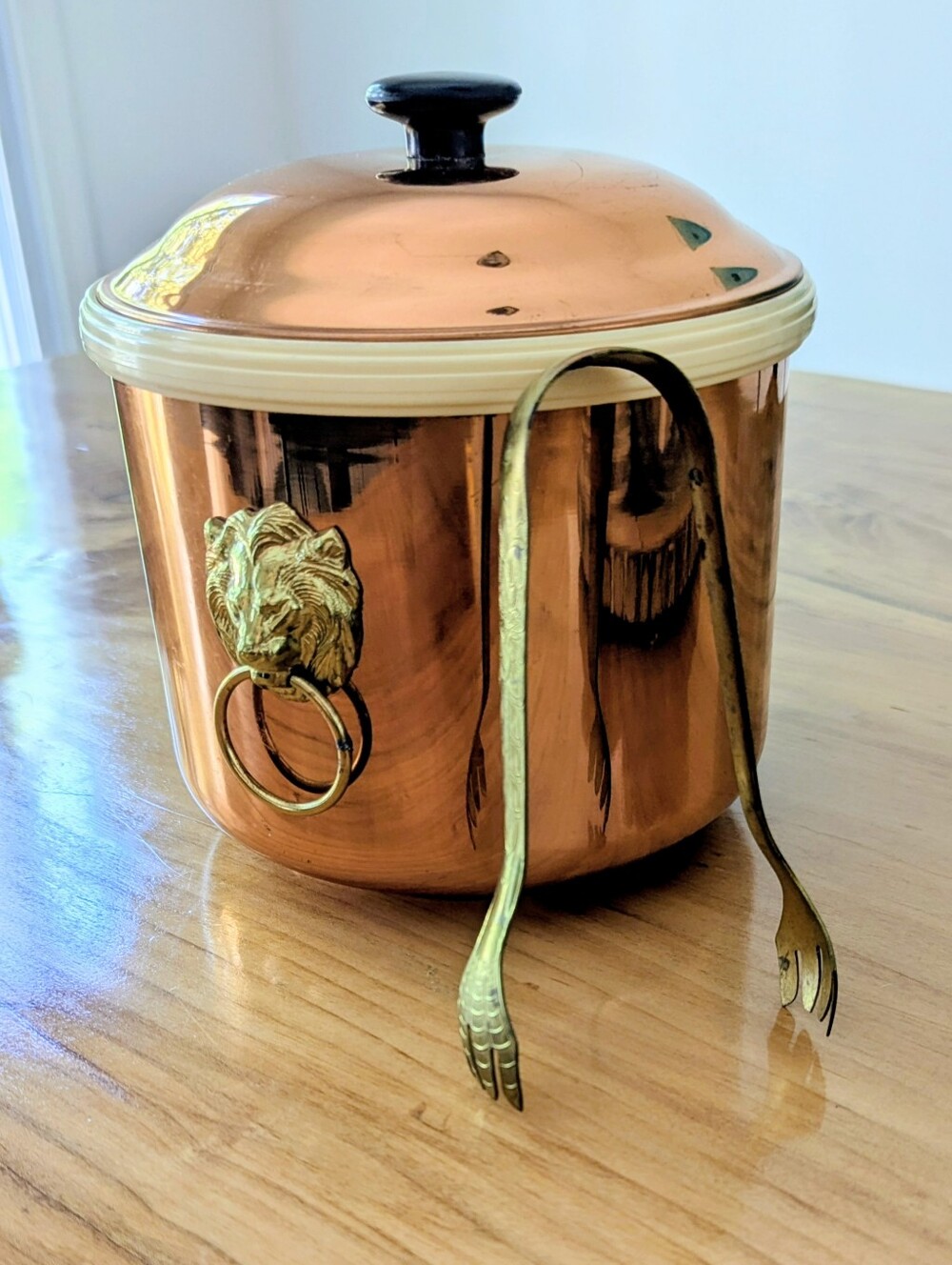 Vintage Copper Ice Bucket with Lion Ring Accent And Tongs, Coppercraft Guild